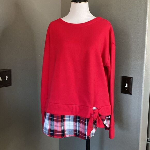 Izod Women’s Long Sleeve Tie Front 2-Fer Sweatshirt Red Plaid - Picture 2 of 9